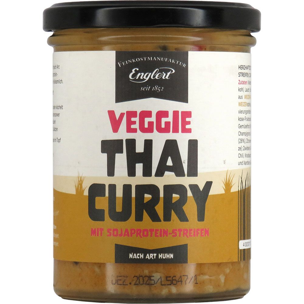 Glas mit Veggie Thai Curry. Etikett mit Produktname, Logo und Text. Schwarzer Deckel.