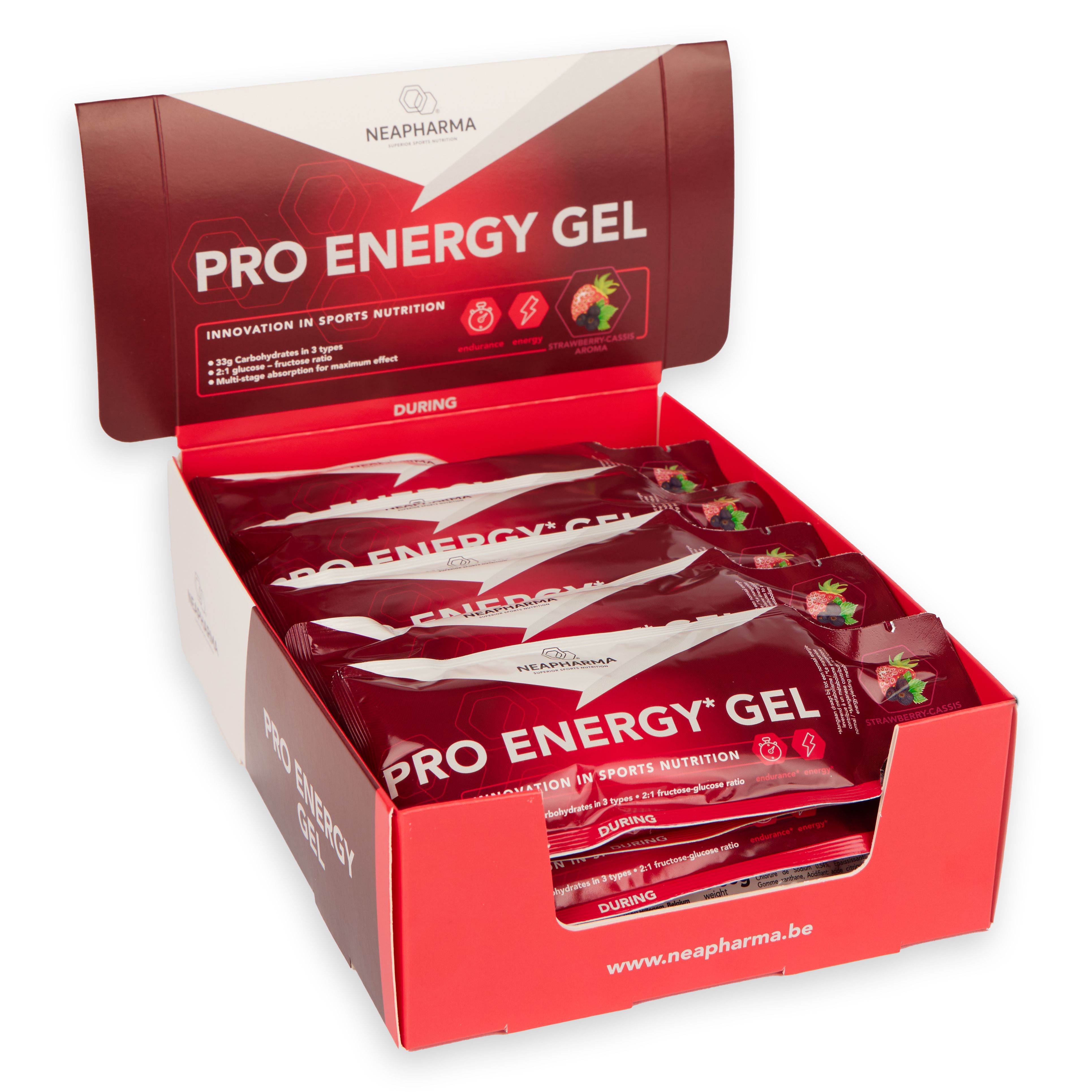 Rote Kartonverpackung mit Neapharma Pro Energy Gel-Beuteln. Aufdruck: Pro Energy Gel. Sichtbar: Logo, Produktname, Text, Beutel.