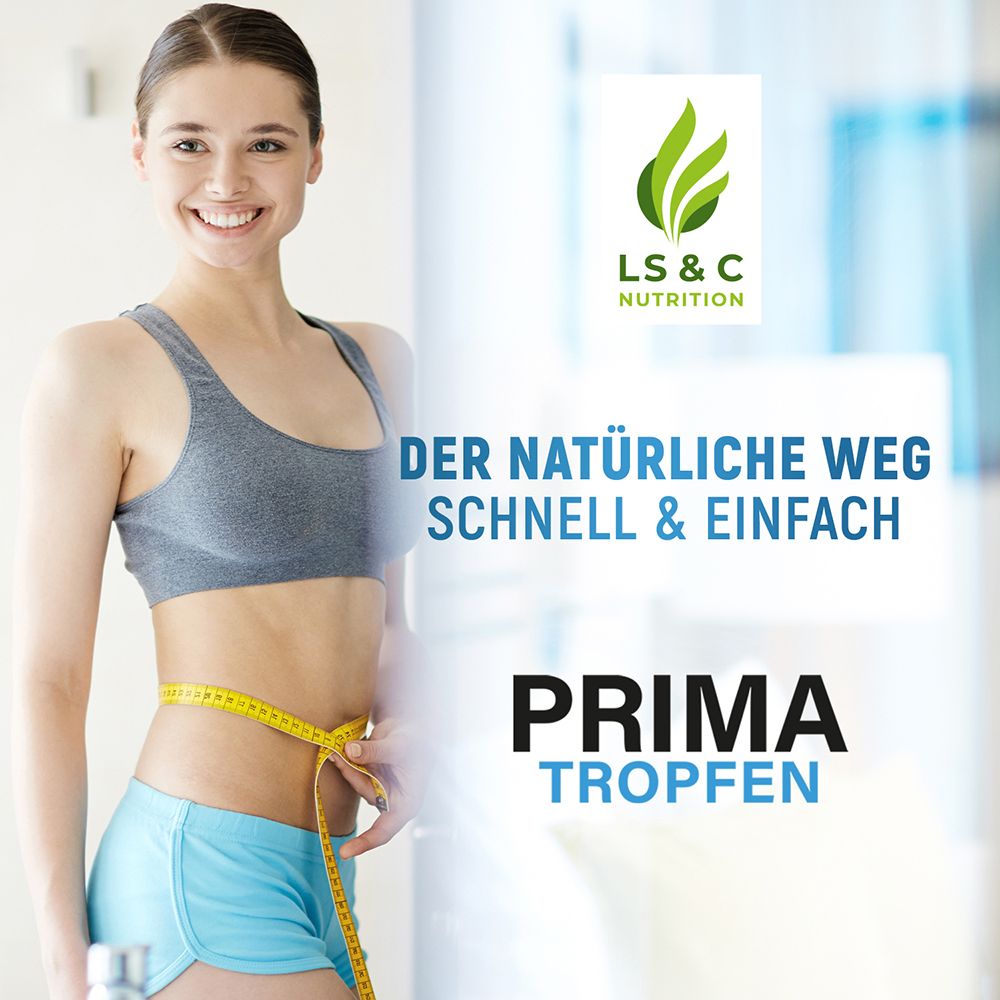 Junge Frau misst ihre Taille mit einem Maßband. Logo und Produktname im Bild. Text: Der natürliche Weg. Schnell & Einfach.