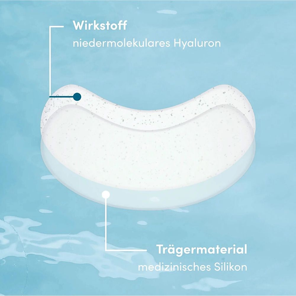 Hals Pad mit Hyaluron. Zwei Pads mit Beschriftung: Wirkstoff, Trägermaterial.