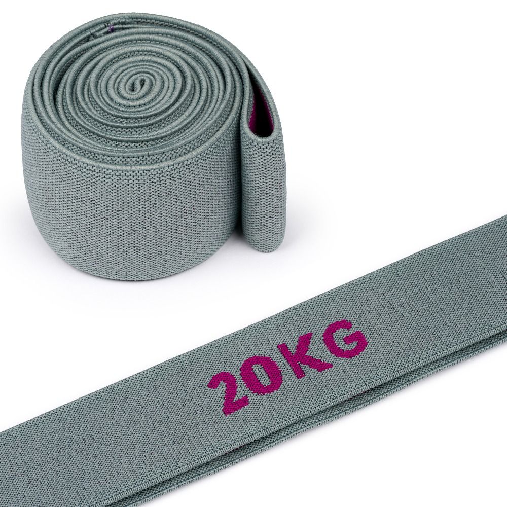 Graues Elastikband gerollt und ausgebreitet. Aufschrift "20KG" in Pink.