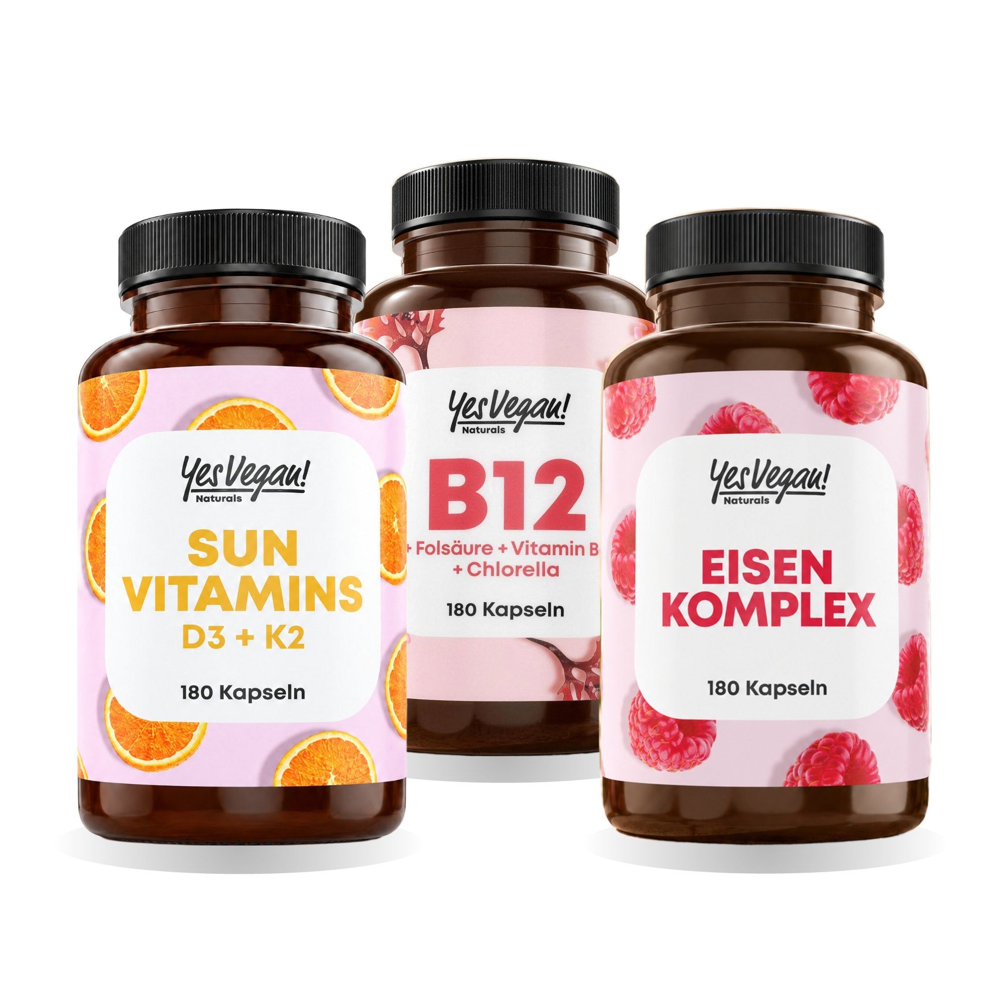 Drei Flaschen Nahrungsergänzungsmittel: Sun Vitamins, B12 und Eisen Komplex.