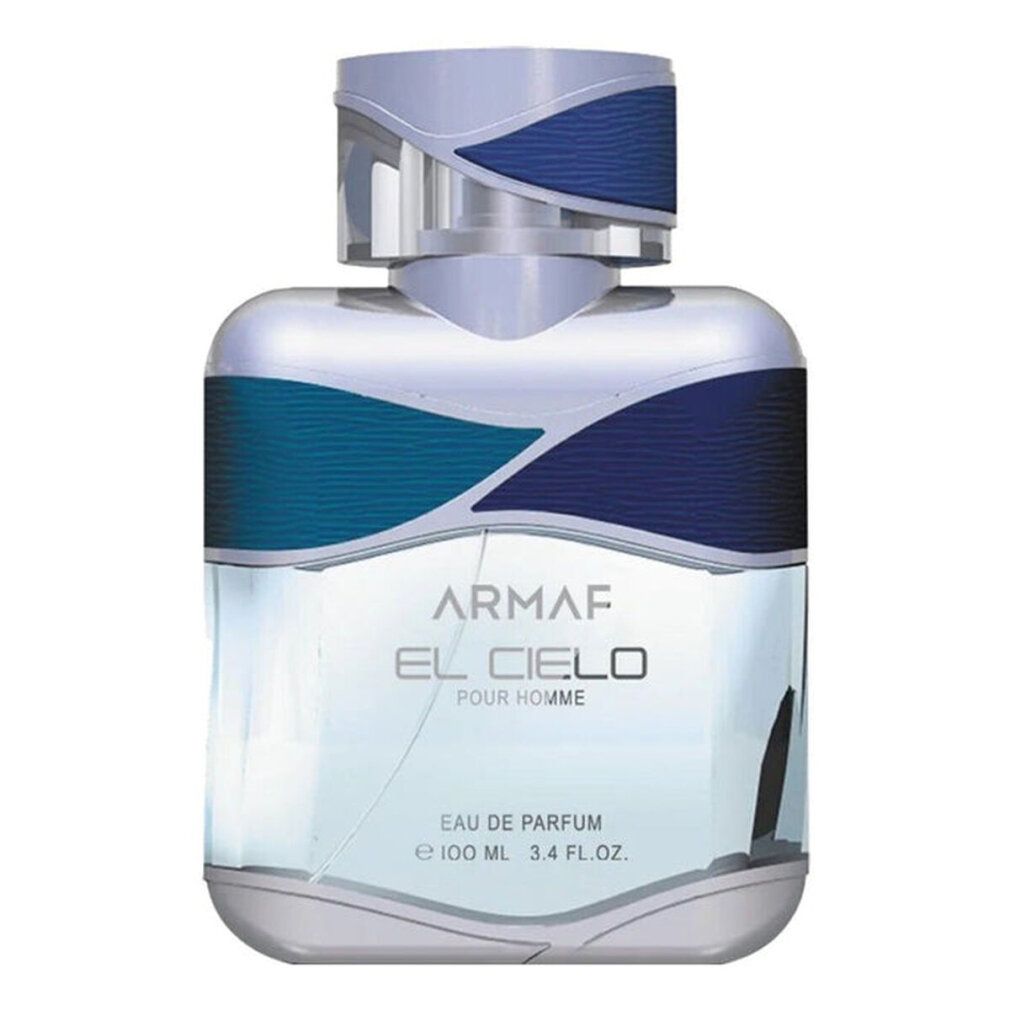 Parfümflakon mit blau-türkisfarbenem Dekor und silbernem Verschluss. Aufschrift: ARMAF EL CIELO POUR HOMME. Eau de Parfum.