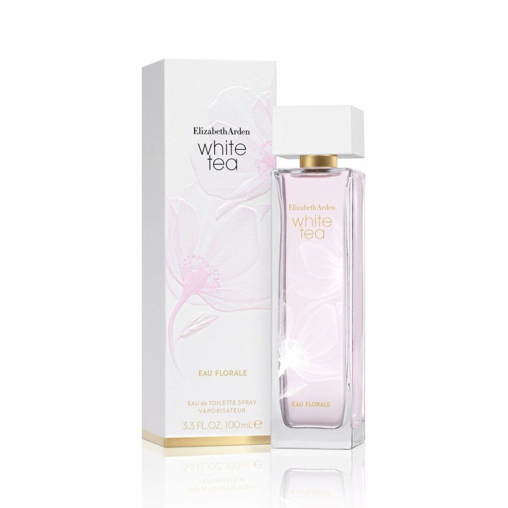 Parfümflakon und Verpackung. Weißer Flakon mit weißem Deckel. Aufschrift: White Tea Eau Florale. Verpackung mit floralem Muster.