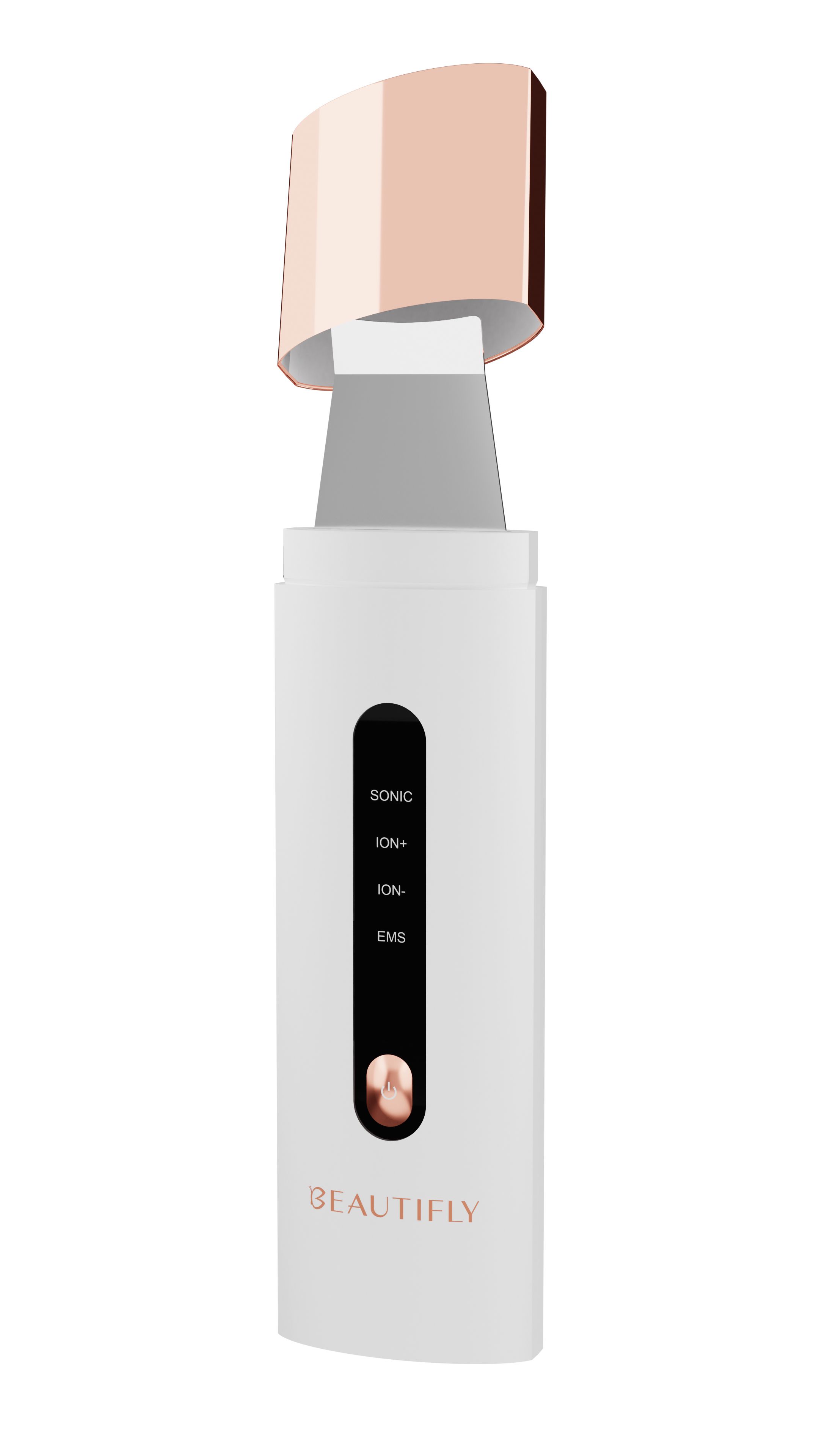 Weißes BEAUTIFLY B-Scrub Pro Slim Ultraschall Peeling mit geöffnetem kupferfarbenem Deckel. Schwarzes Bedienfeld mit Beschriftung und Knopf.