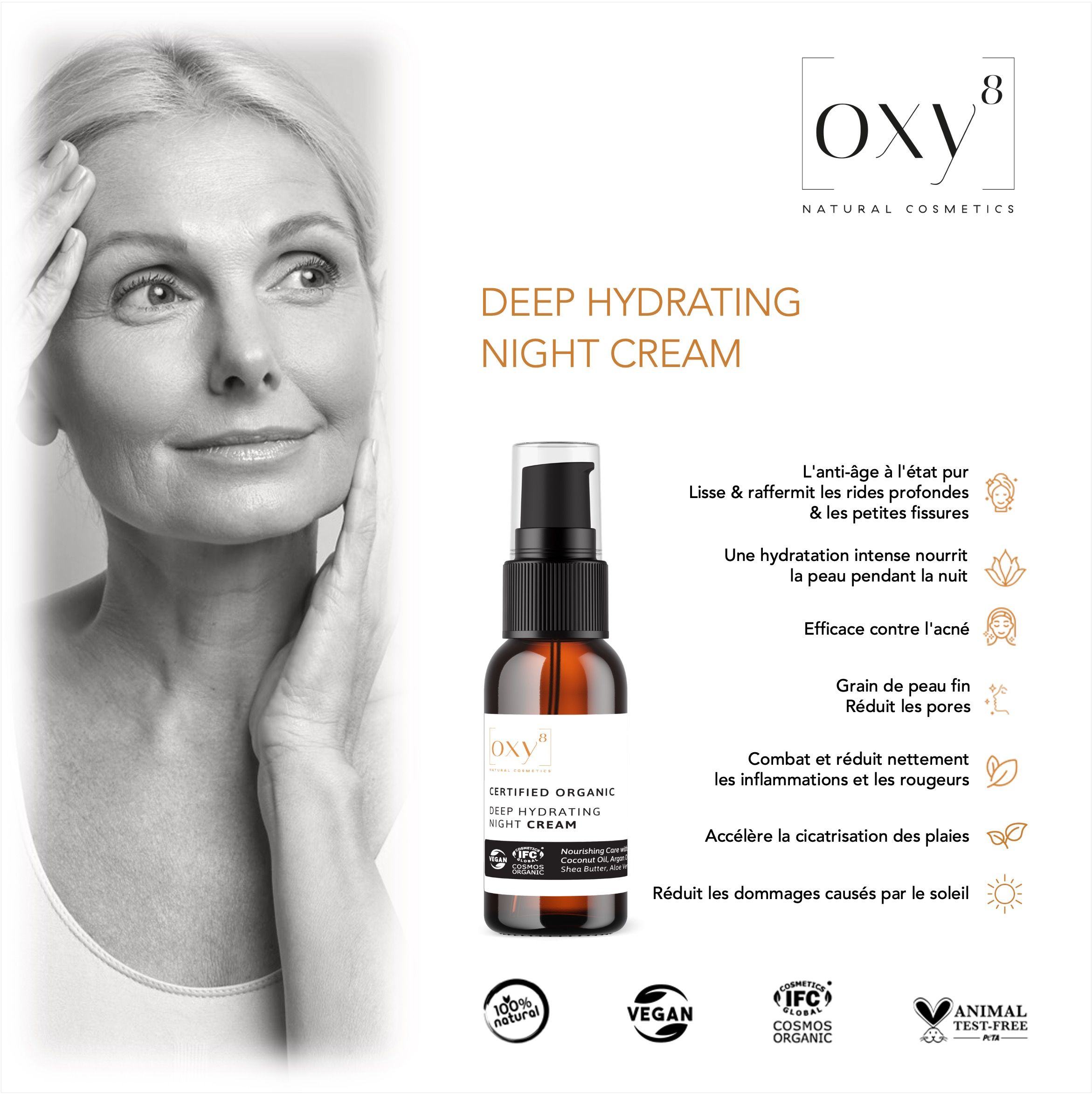 Image du produit avec texte: Deep Hydrating Night Cream. Avantages: anti-âge, hydratation intense, contre l'acné, peau fine.