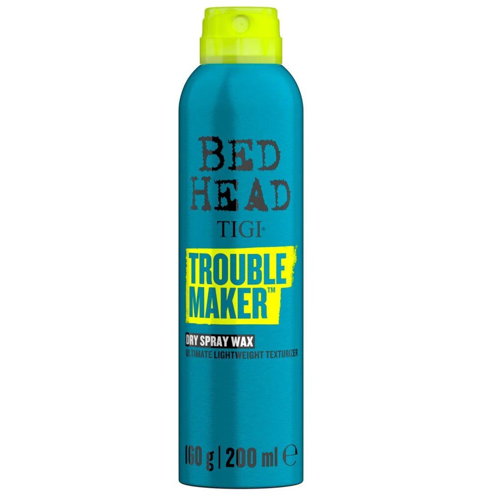 Türkisblaue Spraydose mit gelbem Deckel. Aufschrift: Bed Head TIGI Trouble Maker Dry Spray Wax. 160g/200ml.