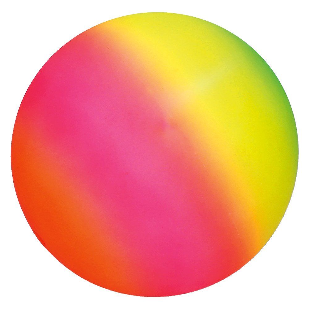 Regenbogenfarbener Ball. Farben: Gelb, Pink, Orange. Kugelform.