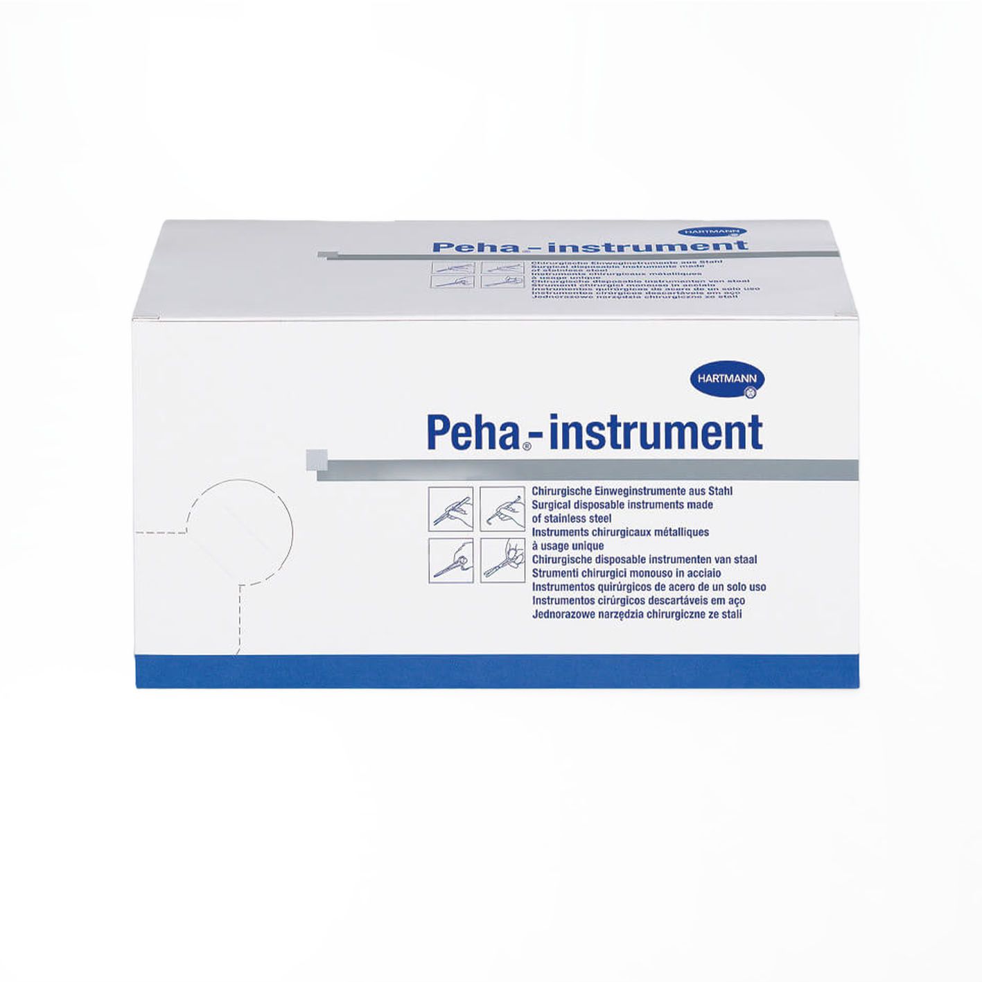 Verpackung von Peha-instrument. Weißer Karton mit blauer Basis. Text: Peha-instrument, Hartmann Logo. Chirurgische Einmalinstrumente.