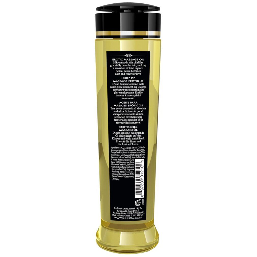 Rückansicht einer zylindrischen Flasche. Text: Erotic Massage Oil, Inhaltsstoffe, Herstellerinformationen.