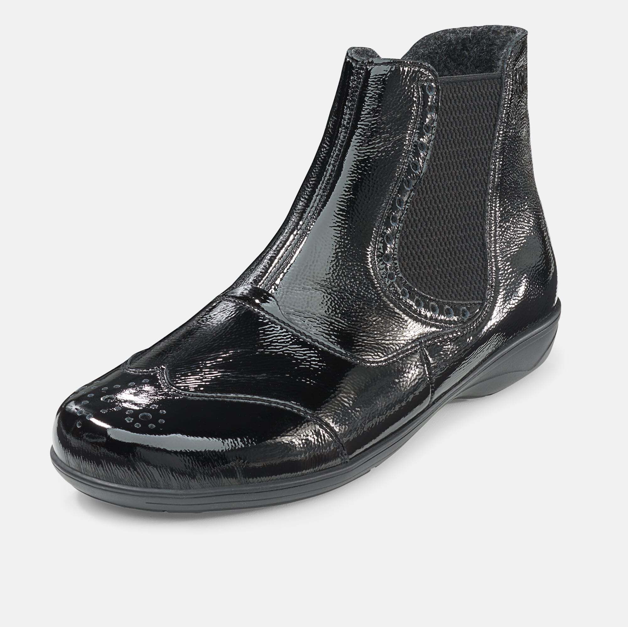 Schwarze Stiefelette mit Reißverschluss und breiter Passform. Glänzendes Obermaterial, seitlicher Gummizug.