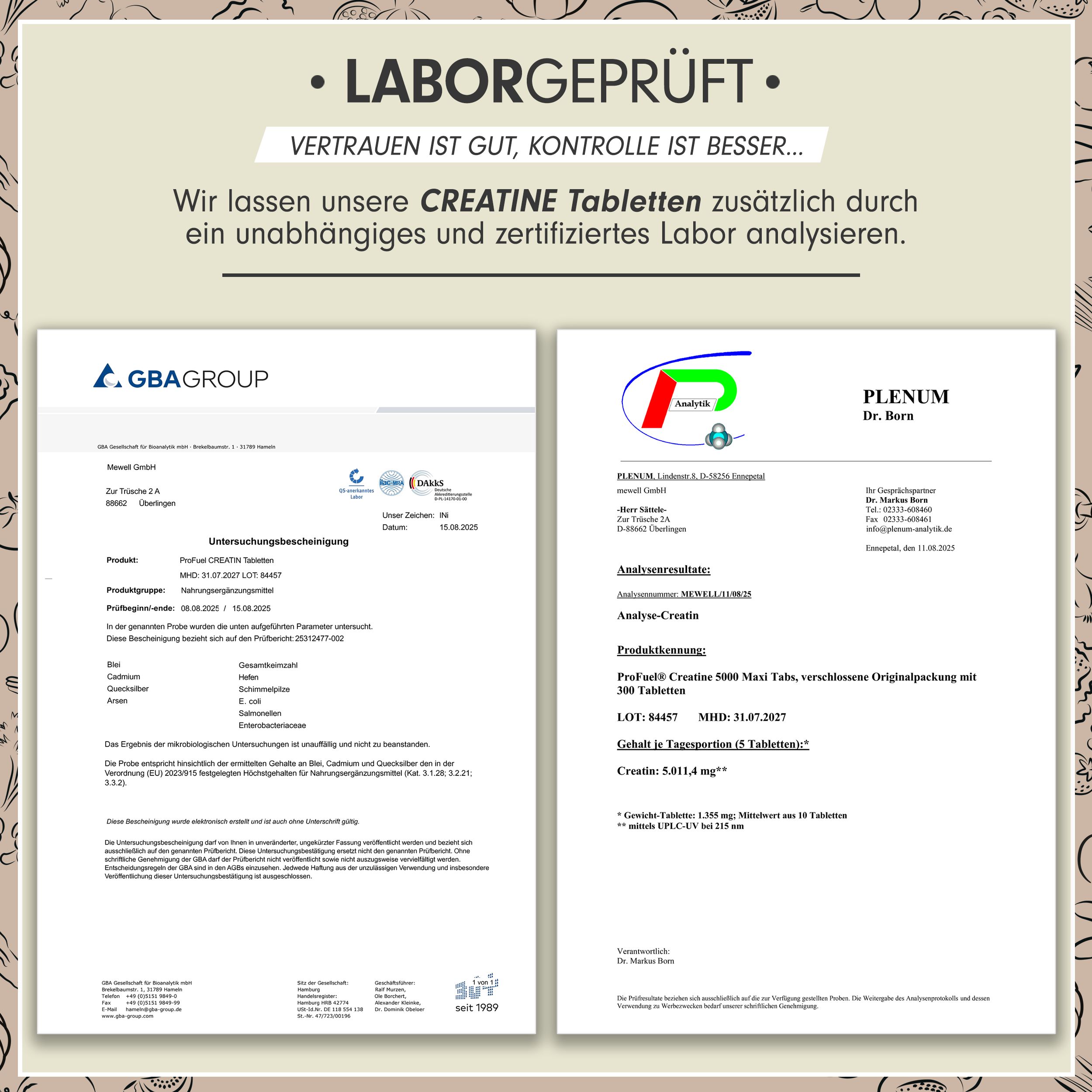 Laborzertifikate für ProFuel Creatine 5000 Maxi Tabs von GBA GROUP und PLENUM.