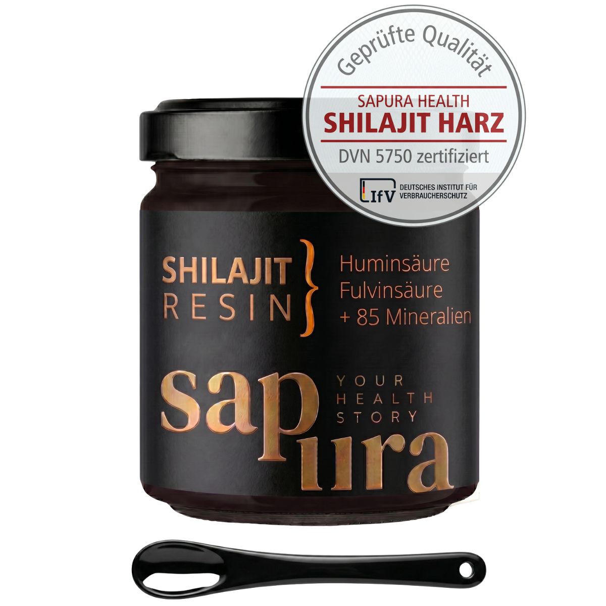 Glas Shilajit Harz mit Dosierlöffel. Oben rechts Siegel 'Geprüfte Qualität' und 'DVN 5750 zertifiziert'.