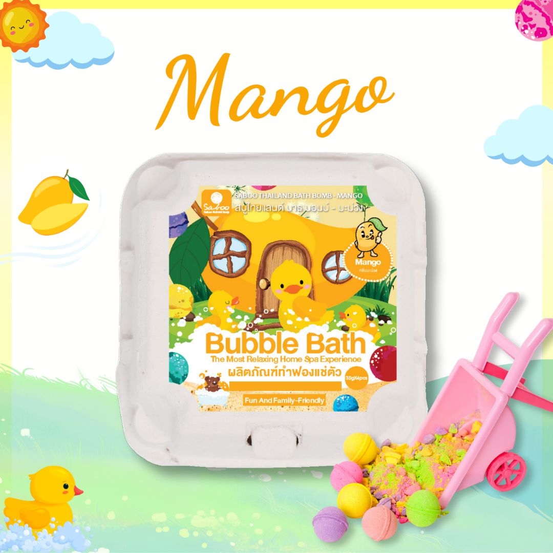 Verpackung mit gelben Badbomben und Mango-Design. Eine kleine Schubkarre mit bunten Kugeln.