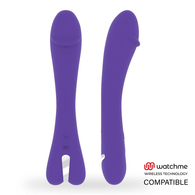 Zwei violette Stimulatoren. Auf der rechten Seite ist ein Logo von Watchme Wireless Technology Compatible.