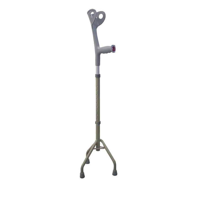 Bastone tripode regolabile in altezza con appoggio brachiale. Base triangolare e supporto per l'avambraccio.