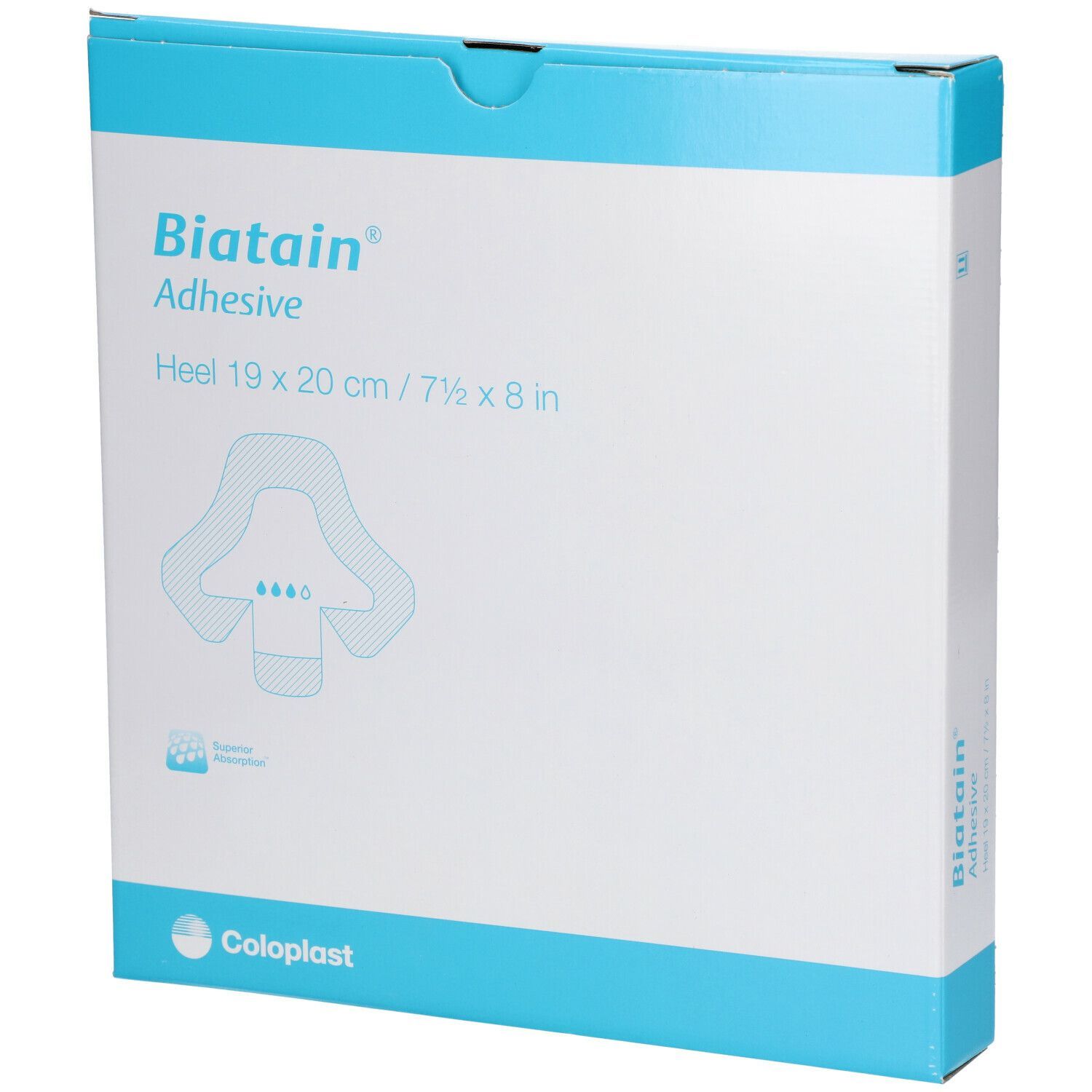 Biatain Adhesive Verpackung, Fersenverband 19 x 20 cm. Weiß und blau. Produktabbildung und Logo.