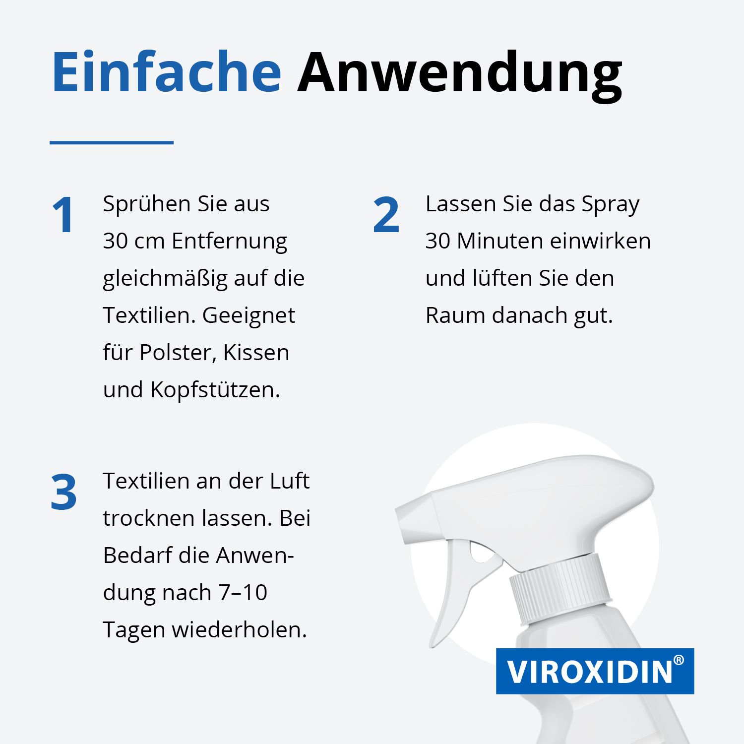 Anleitung zur Anwendung des Sprays. Text und nummerierte Schritte. Produktflasche im Vordergrund.