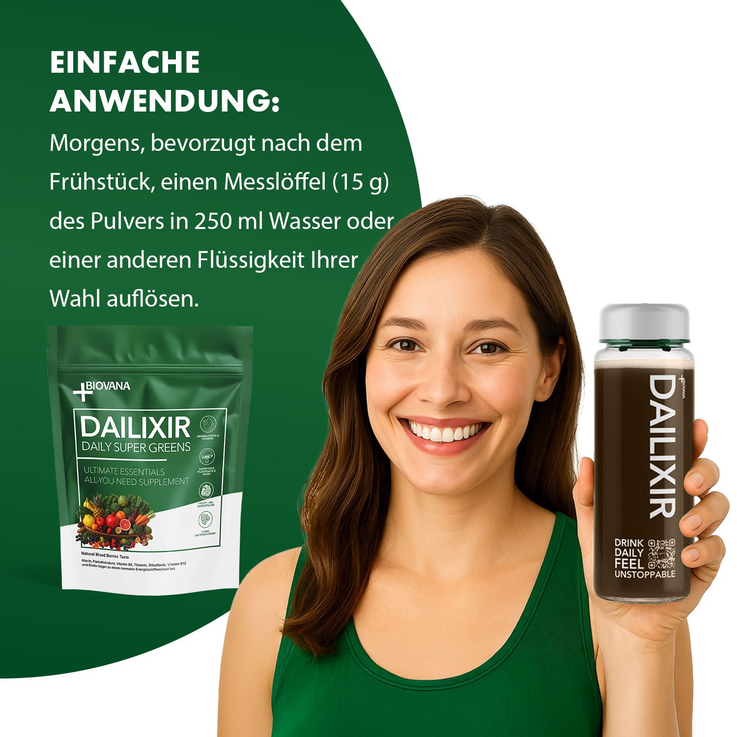 Frau hält Flasche mit 'DAILIXIR' Aufschrift. Grüne Verpackung im Hintergrund. Frau lächelt.