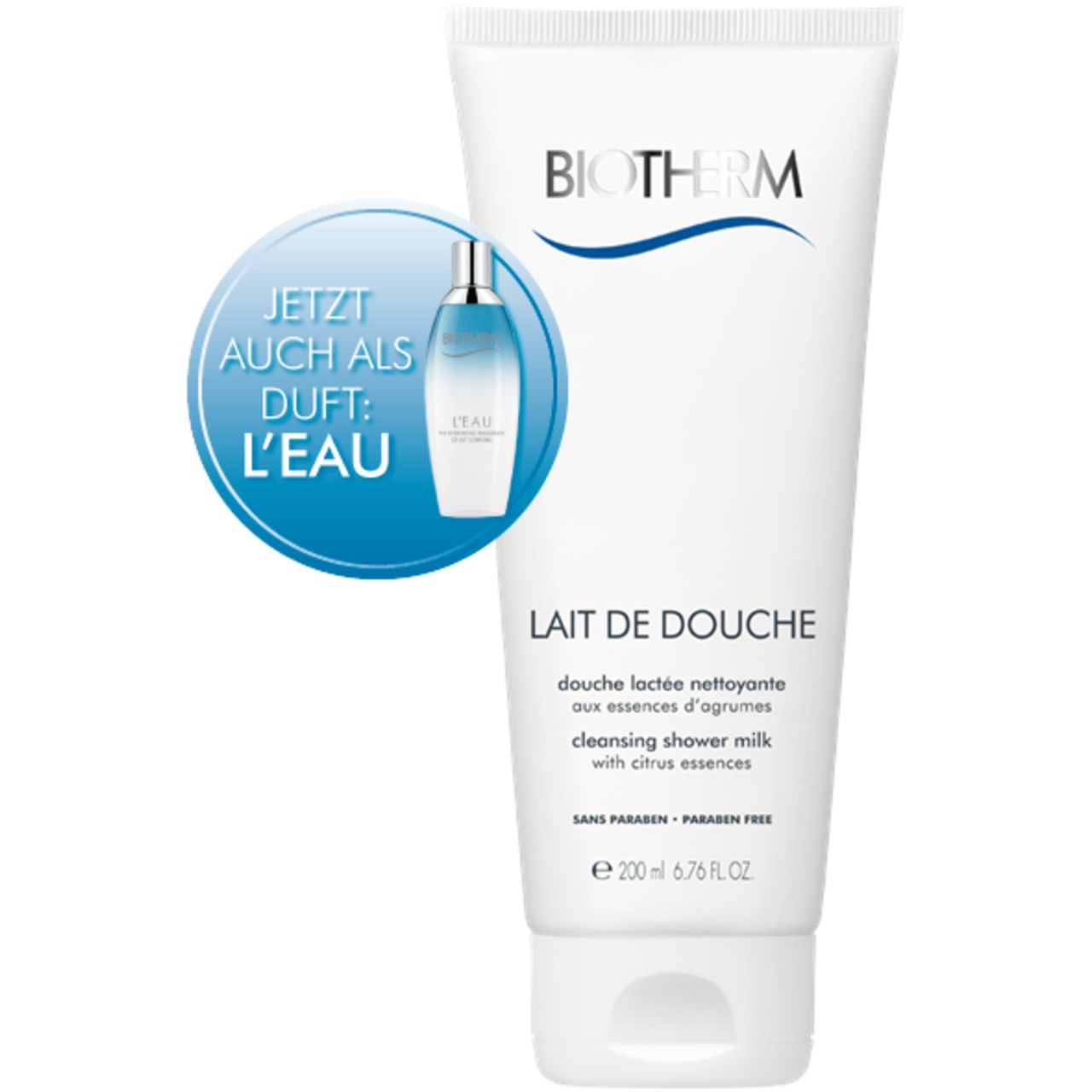 BIOTHERM Lait de Douche Tube mit L'Eau-Produkt. Text: Douche lactée nettoyante, Cleansing shower milk. 200ml. Blauer Kreis.