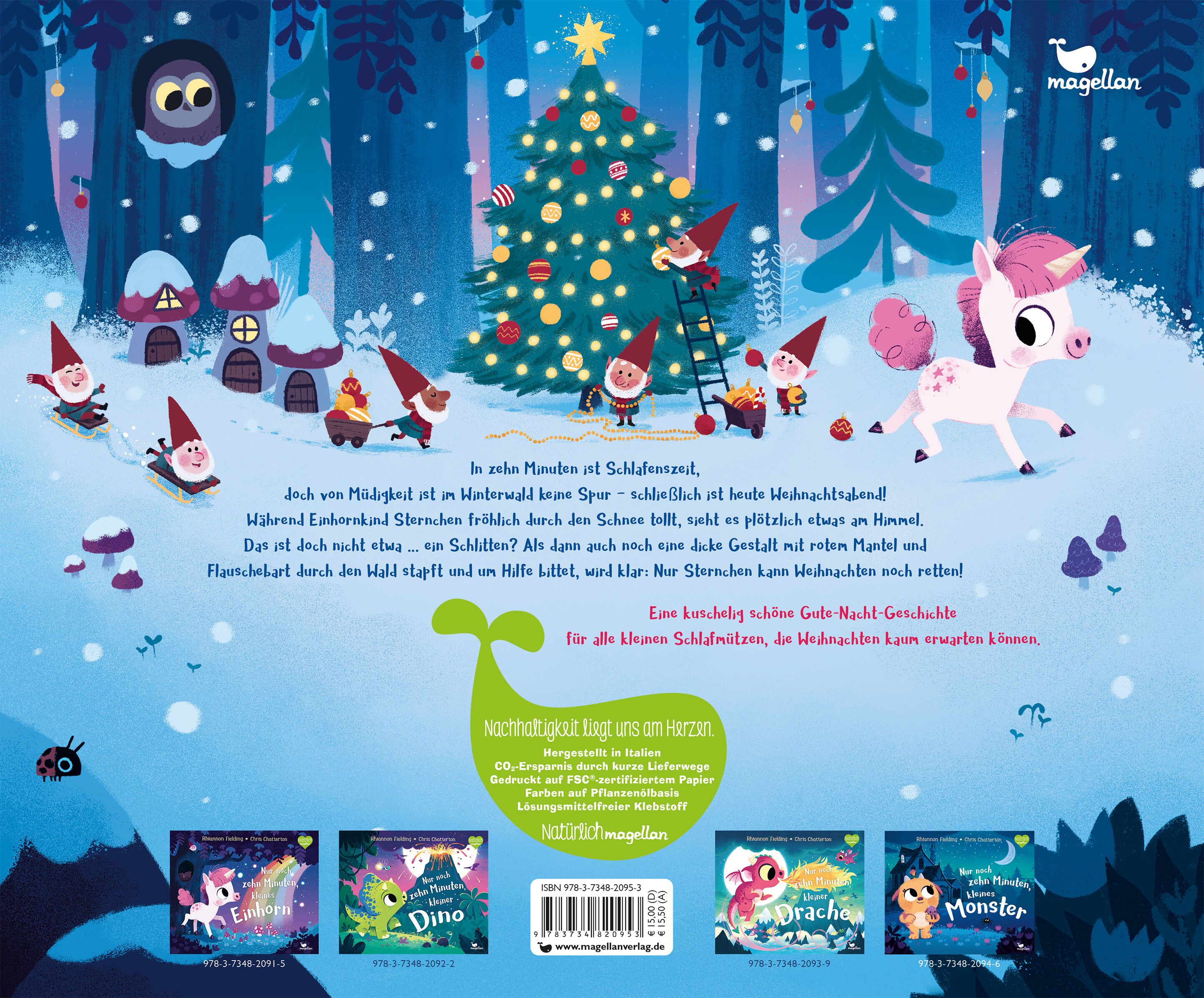 Buchrückseite mit Illustrationen. Titel: Nur noch zehn Minuten bis Weihnachten, kleines Einhorn. Verlag: Magellan. Mit weiteren Buchcovern.