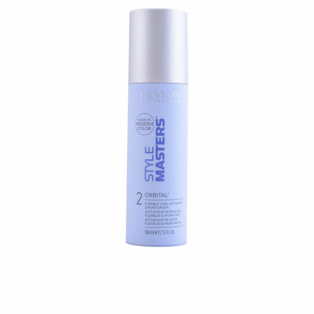 Revlon Style Masters 2 Orbital. Flexible Curl Activator & Moisturizer. Hellblaue Flasche mit silbernem Deckel. Produktbeschriftung.