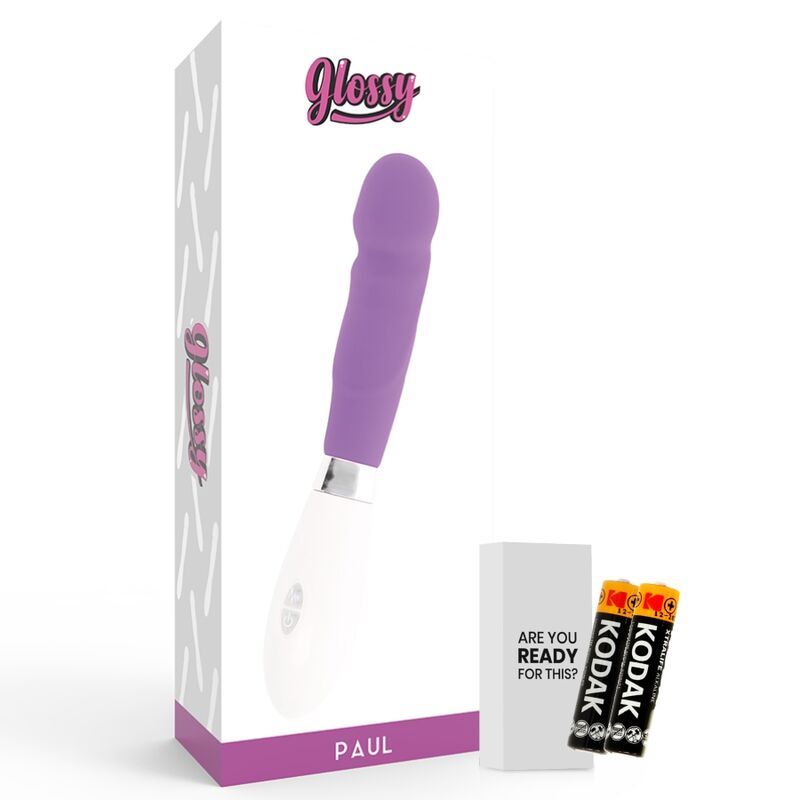 Verpackung mit Silikonvibrator. Lila und weiß. Marke GLOSSY. Mit Batterien und Text: ARE YOU READY FOR THIS?