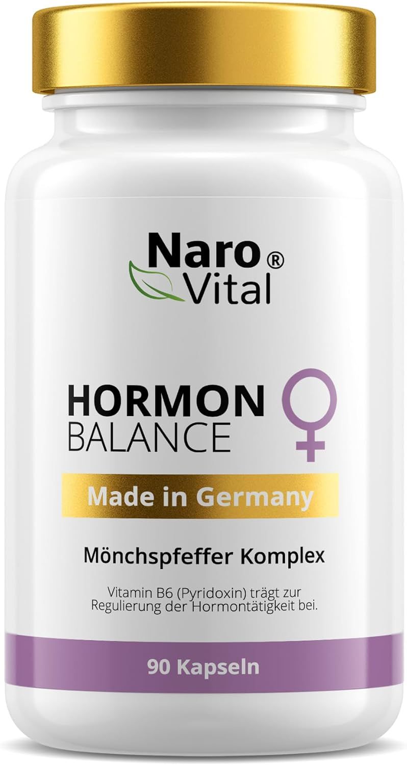 Weißes Pillenbehälter mit goldfarbenem Deckel. Aufschrift: NAROVITAL® Hormon Balance, Mönchspfeffer Komplex, 90 Kapseln.