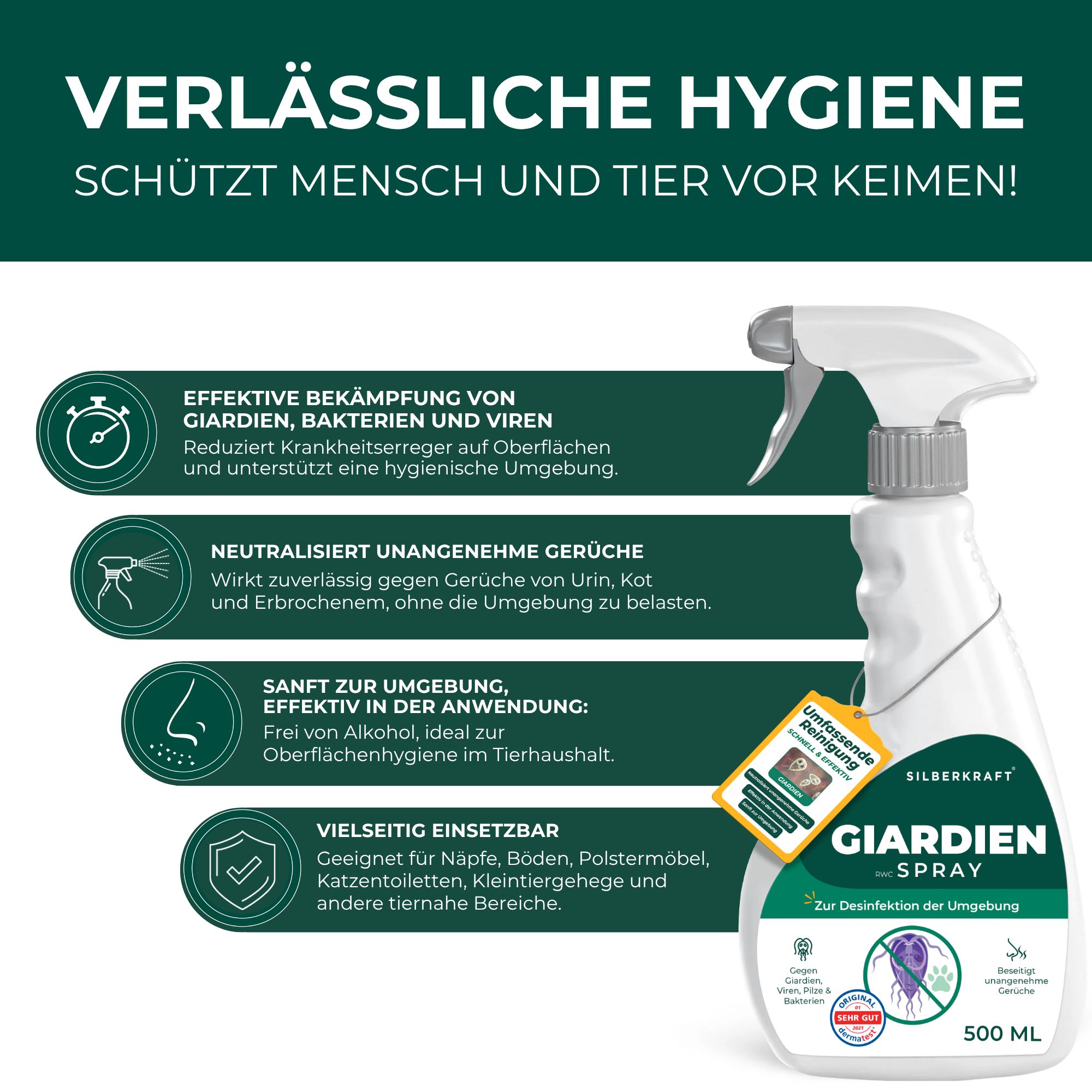 Weiße Sprühflasche mit grünem Etikett. Text: Zuverlässige Hygiene. Enthält 500 ml. Mit Anhänger.