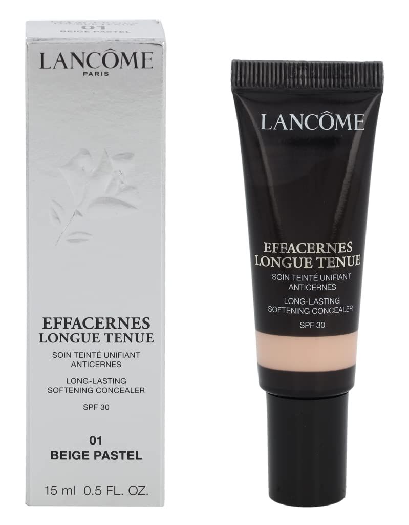 Lancôme Effacernes Longue Tenue SPF 30 Concealer-Tube und Schachtel. Beige Farbton. Text: 01 Beige Pastel, 15 ml.