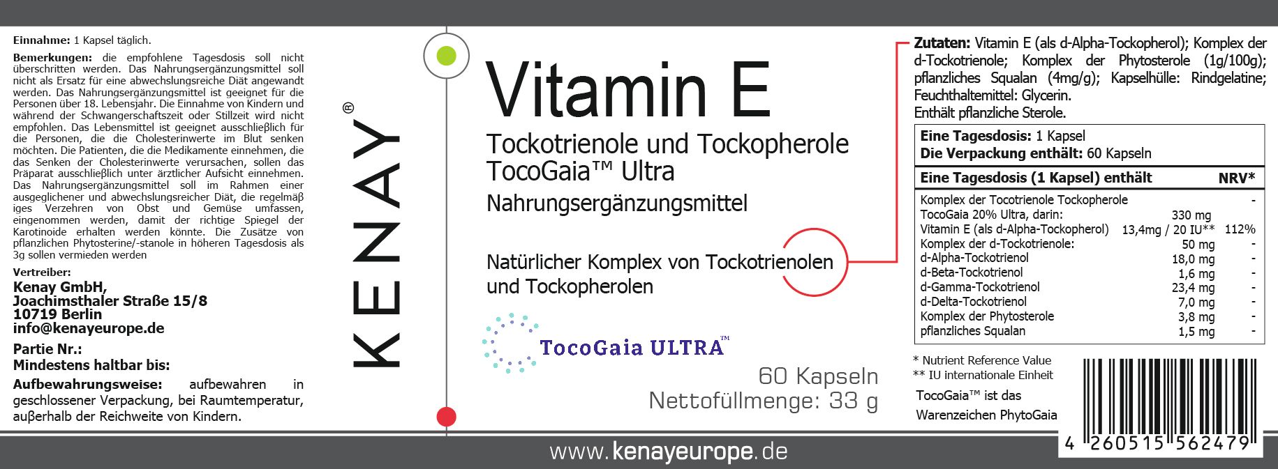 Etikett mit Produktinformationen. Enthält Vitamin E Tockotrienole und Tockopherole TocoGaia Ultra von KENAY. 60 Kapseln.