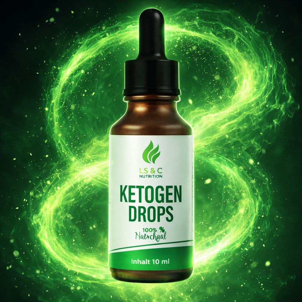 Braune Flasche mit schwarzem Tropfer. Aufschrift: LS & C Nutrition, Ketogen Drops, 100% Natürlich, Inhalt 10 ml. Grüner Hintergrund.