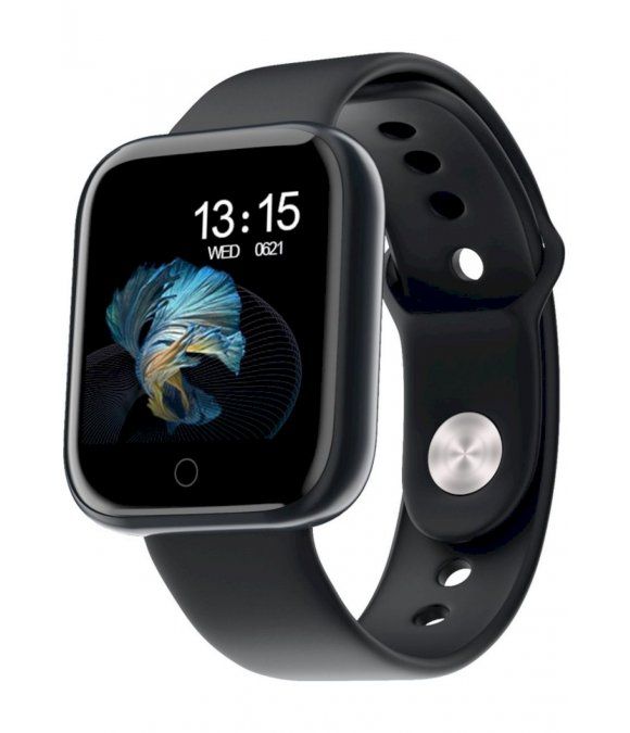 Schwarze Smartwatch mit rundem Gehäuse und schwarzem Armband. Zeigt Uhrzeit und Datum an. Seitenansicht.