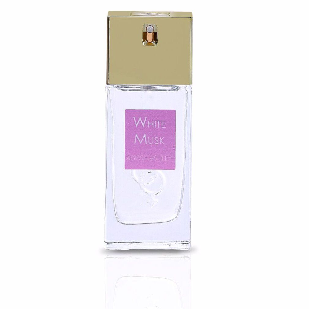 Parfümflakon mit goldfarbenem Deckel und lila Etikett mit "White Musk".