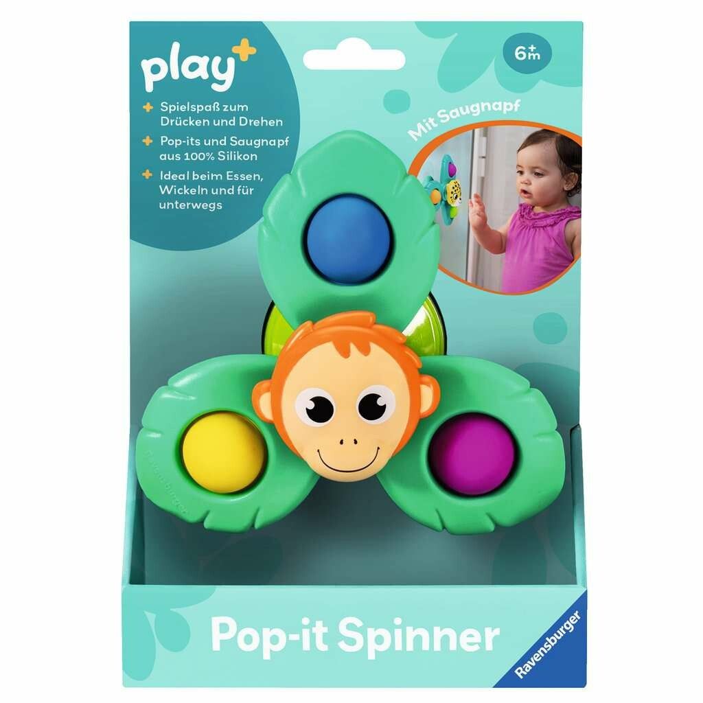 Verpackung für Pop-It Spinner-Spielzeug. Grünes Spielzeug mit Affenmotiv. Text: Spielspaß, Drücken und Drehen, Pop-Its aus Silikon, ideal beim Essen. Ravensburger.