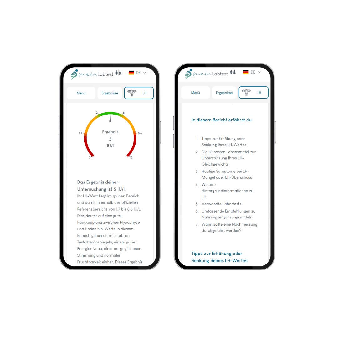 Zwei Smartphones mit LH-Testergebnissen. Anzeige: Diagramm, Ergebnis 5,0. meinLabtest-Logo.