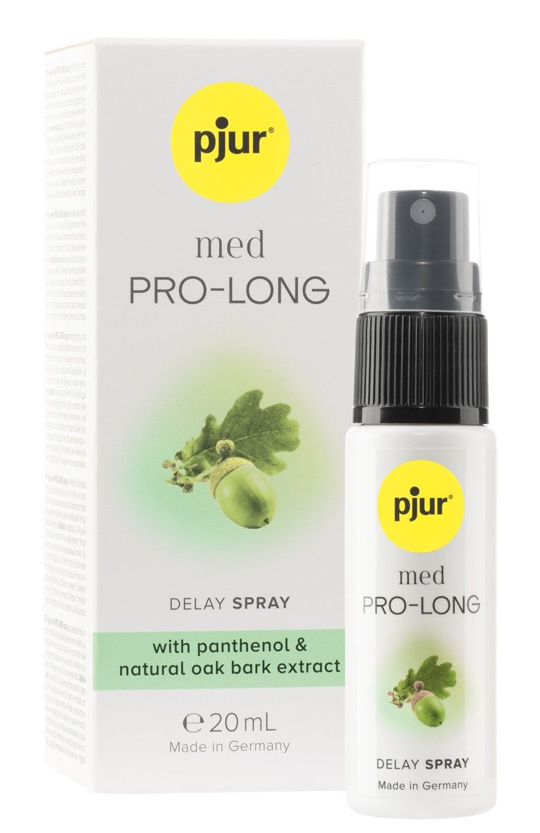 Pjur med Pro-Long Spray. Weiße Flasche mit schwarzem Sprühkopf und Verpackung. Enthält Panthenol und Eichenrindenextrakt. Made in Germany.
