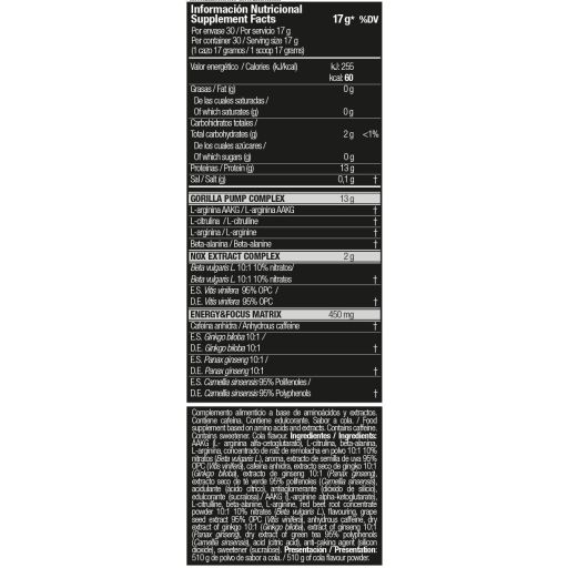 Nährwertangaben auf schwarzem Hintergrund. Text in spanischer Sprache. Enthält Informationen zu Fett, Kohlenhydraten, Proteinen und Inhaltsstoffen.