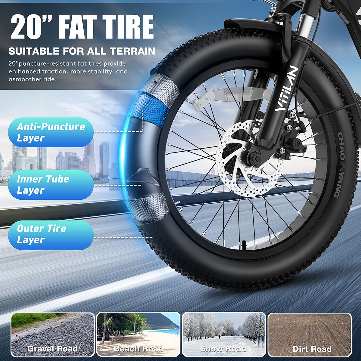 20" Fatbike-Reifen. Geeignet für alle Terrains. Anti-Pannen-Schicht, Innenschicht, Außenschicht. Für Schotter, Strand, Schnee, Schmutz.