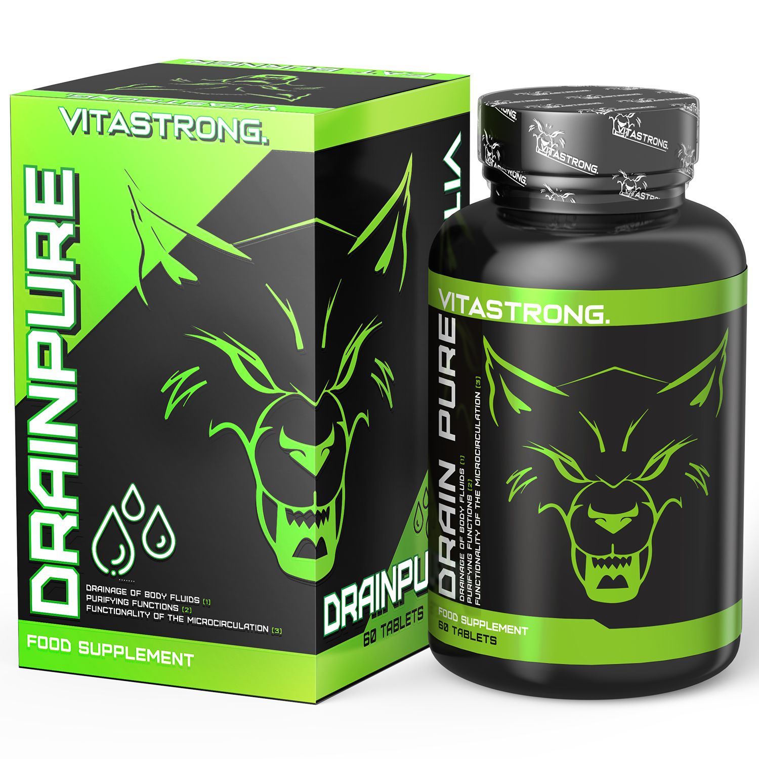 Tabletten-Dose und Schachtel. Aufschrift: Drain Pure, 60 Tabletten. Grün-schwarzes Design. Logo: Wolfskopf.