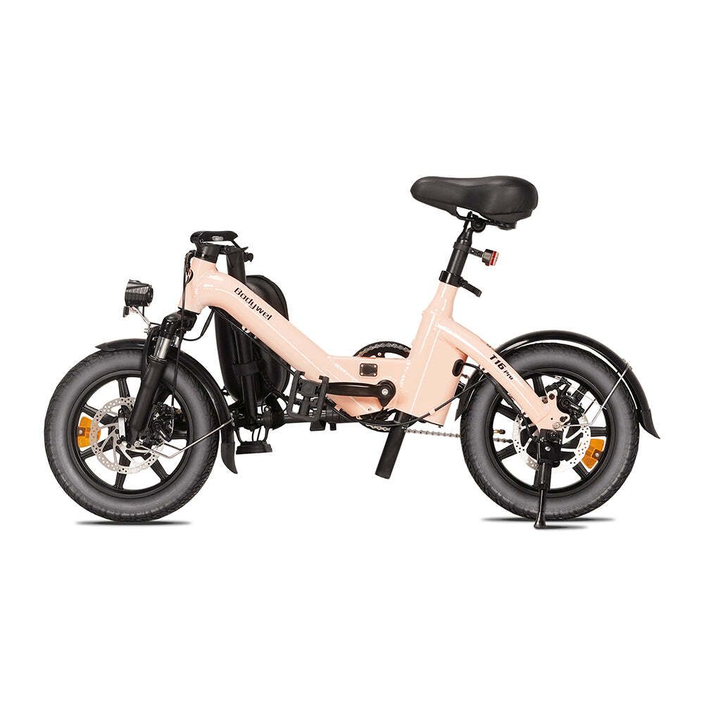Faltbares E-Bike in Rosa. Schwarze Reifen, Sattel und Schutzbleche. Sichtbare Marke: Bodywel, Modell: T16 Pro.