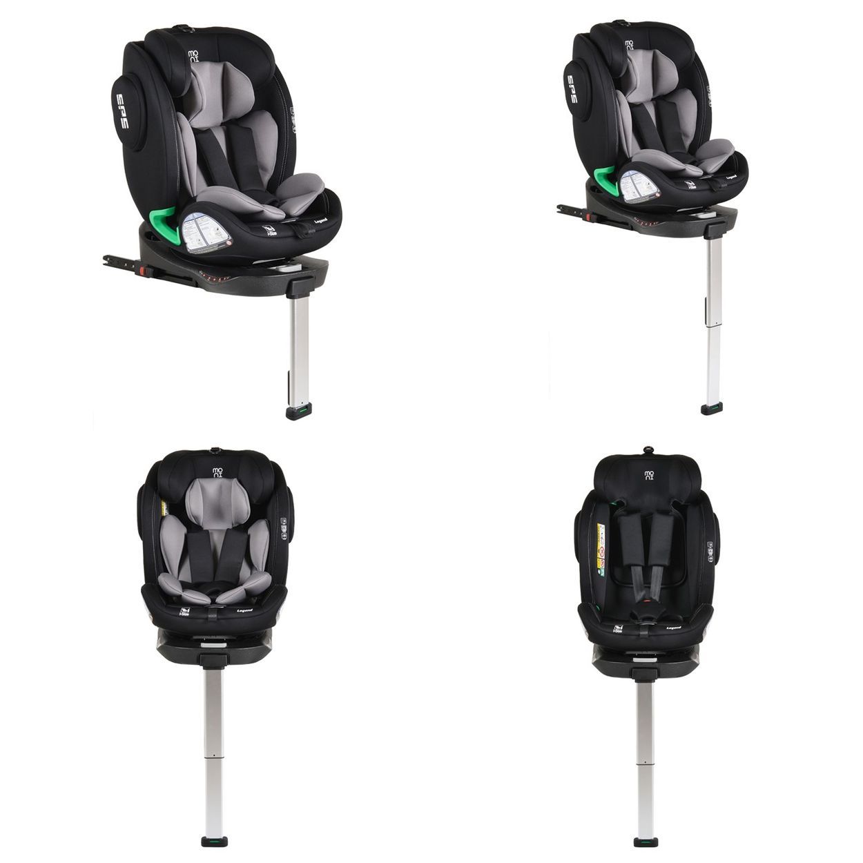 Schwarzer Kindersitz mit drehbarer Basis, in verschiedenen Ansichten.