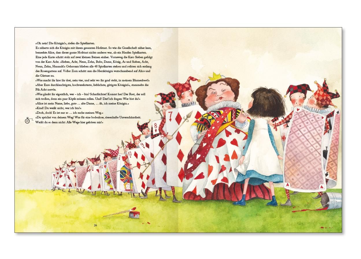 Doppelseite aus "Alice im Wunderland". Illustrationen der Königin und Spielkarten-Soldaten. Text in deutscher Sprache.