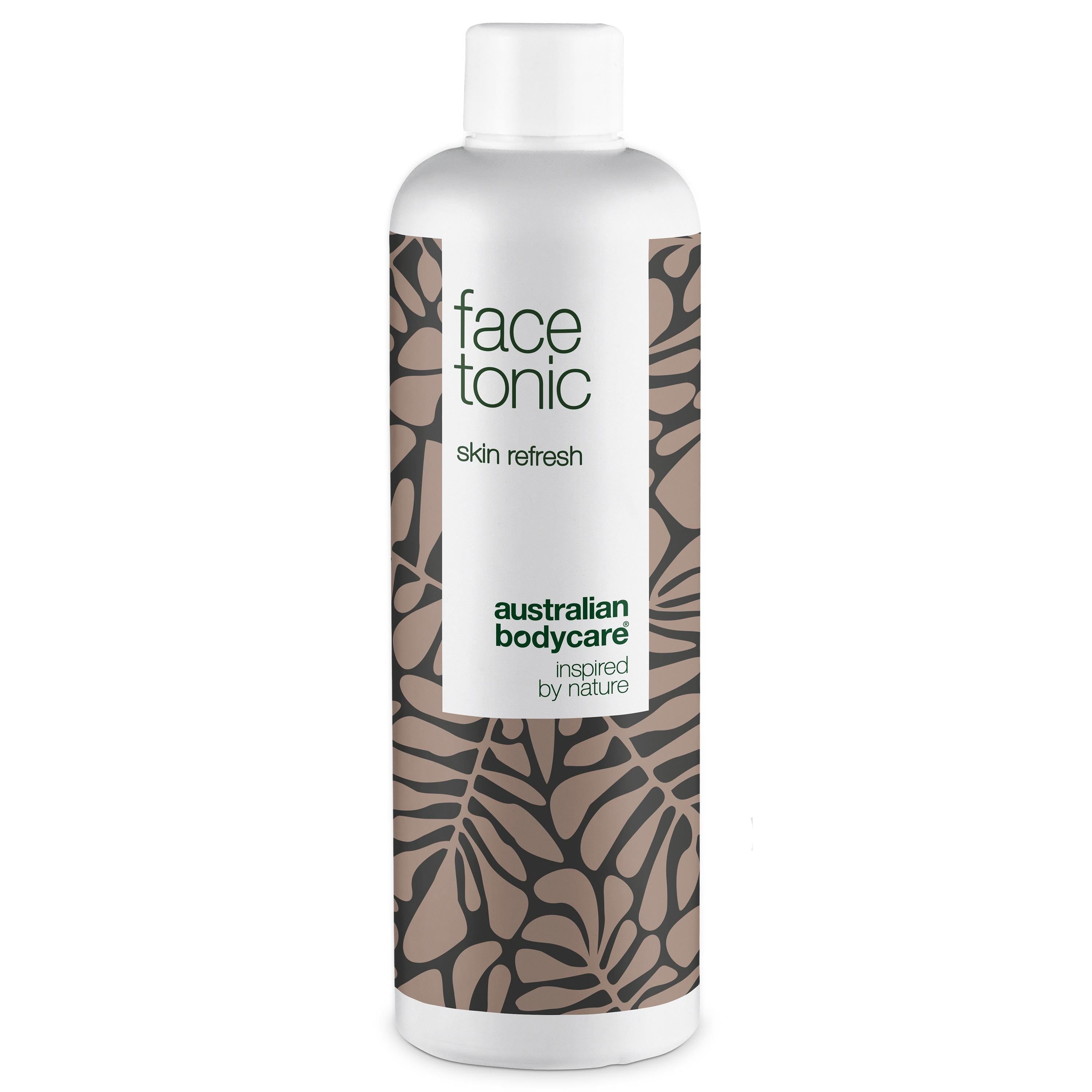 Weißes Gesichtswasser mit braunem Blattmuster. Text: Face Tonic, Skin Refresh, Australian Bodycare.