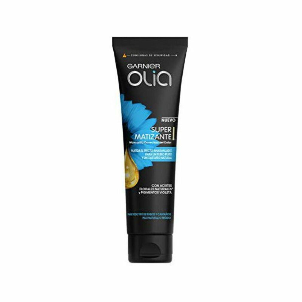Schwarze Tube Garnier Olia Super Matizante Maske. Blaue Blume und gelber Tropfen. Text: Nuevo, Super Matizante, Mascarilla Correctora Color.