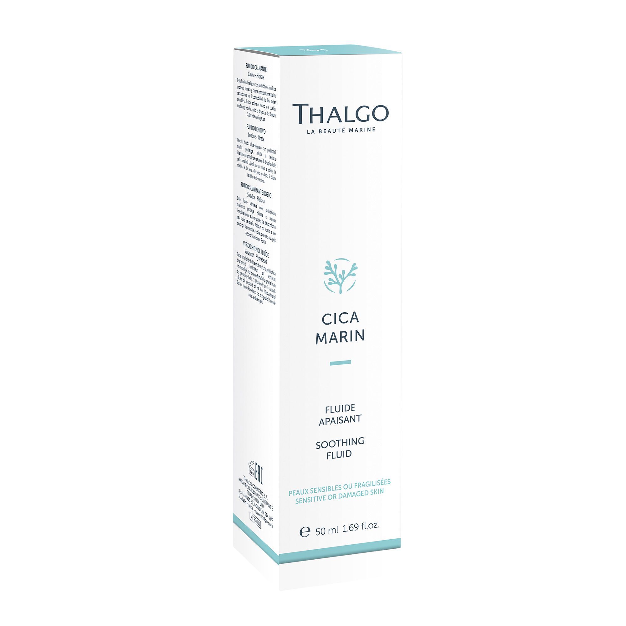 Weiße Verpackung mit Aufschrift: THALGO, CICA MARIN, Fluide Apaisant, Soothing Fluid. Text: Peaux sensibles ou fragilisées. 50 ml.