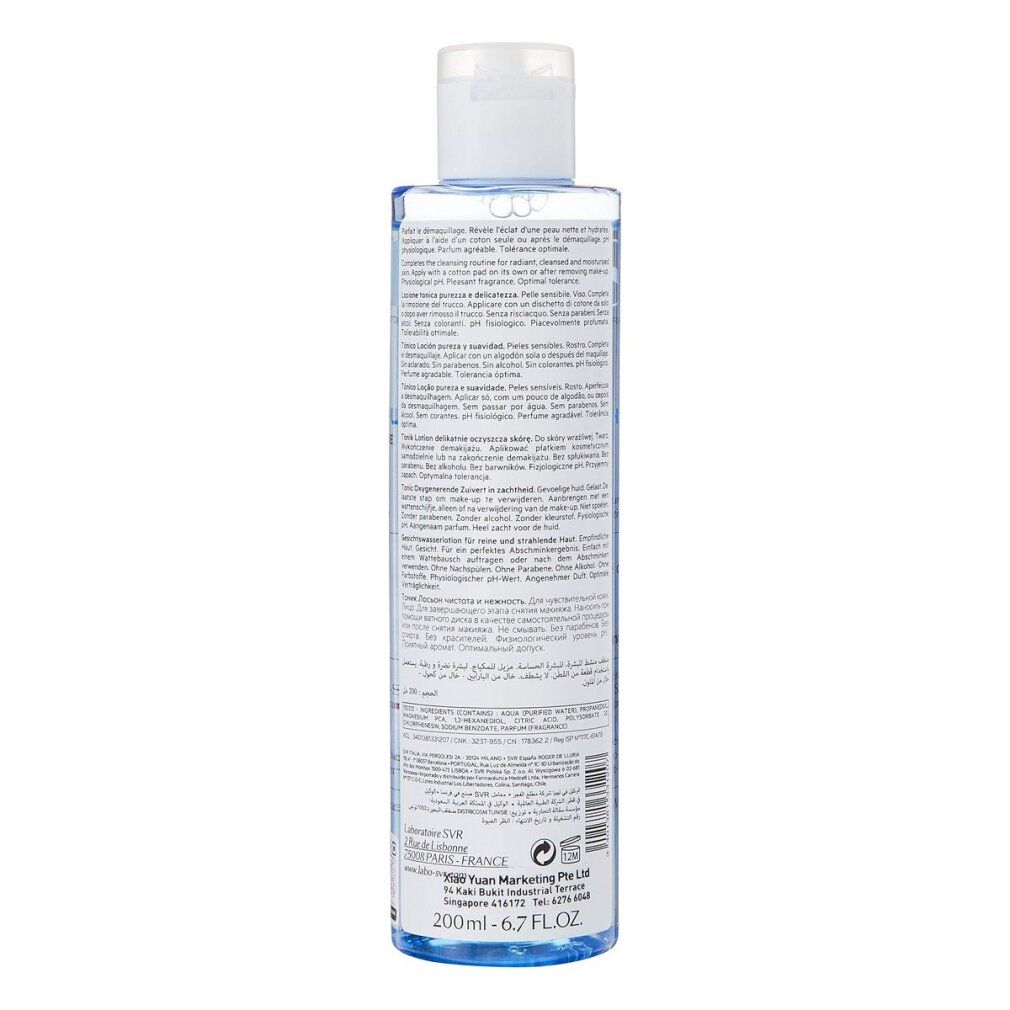 Zylindrische Flasche mit weißem Deckel. Aufschrift SVR, PHYSIOPURE TONIQUE. Türkisgrüne Flüssigkeit. Für empfindliche Haut.