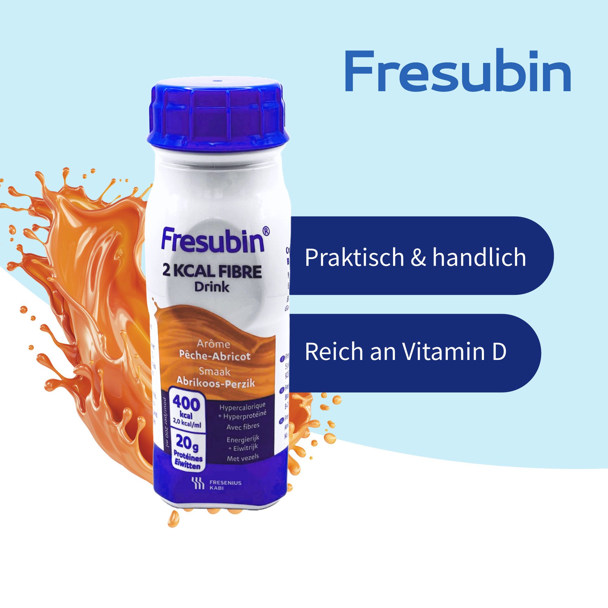 Flasche Fresubin 2 kcal Fibre Drink, Aprikose-Pfirsich. Blaue Kappe, weiße Flasche mit Produktinformationen und Nährwertangaben.