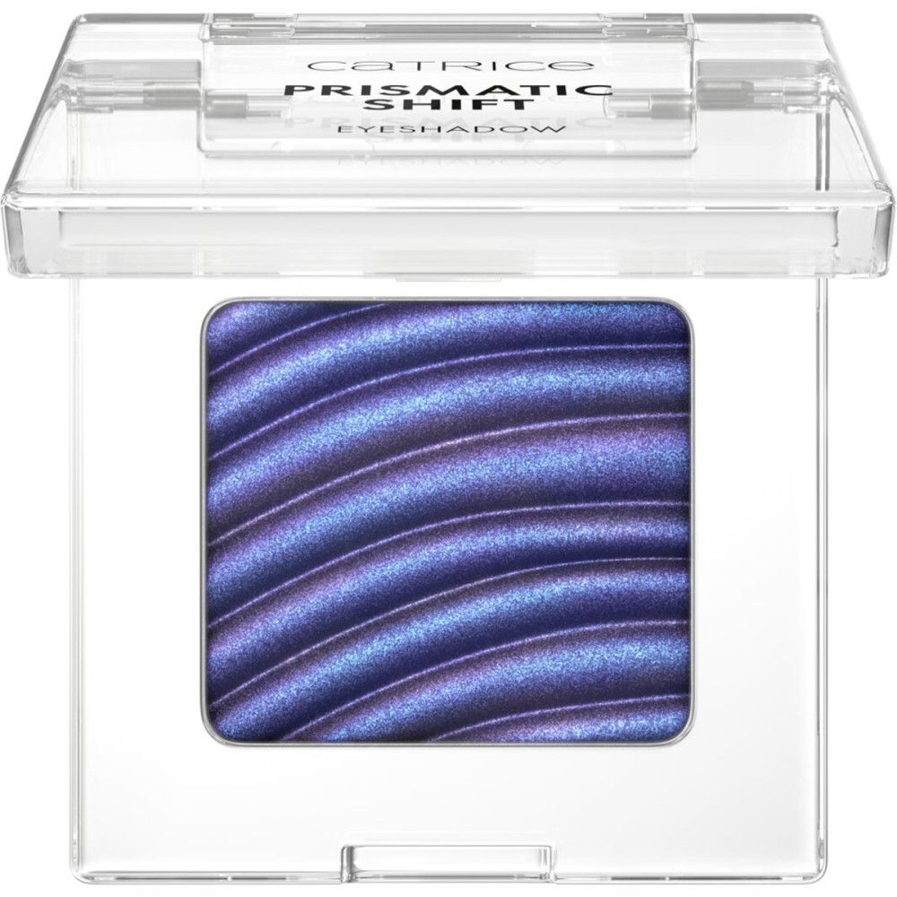 Catrice Prismatic Shift Lidschatten in quadratischer, transparenter Verpackung. Der Lidschatten ist blau-violett mit schimmerndem Effekt.
