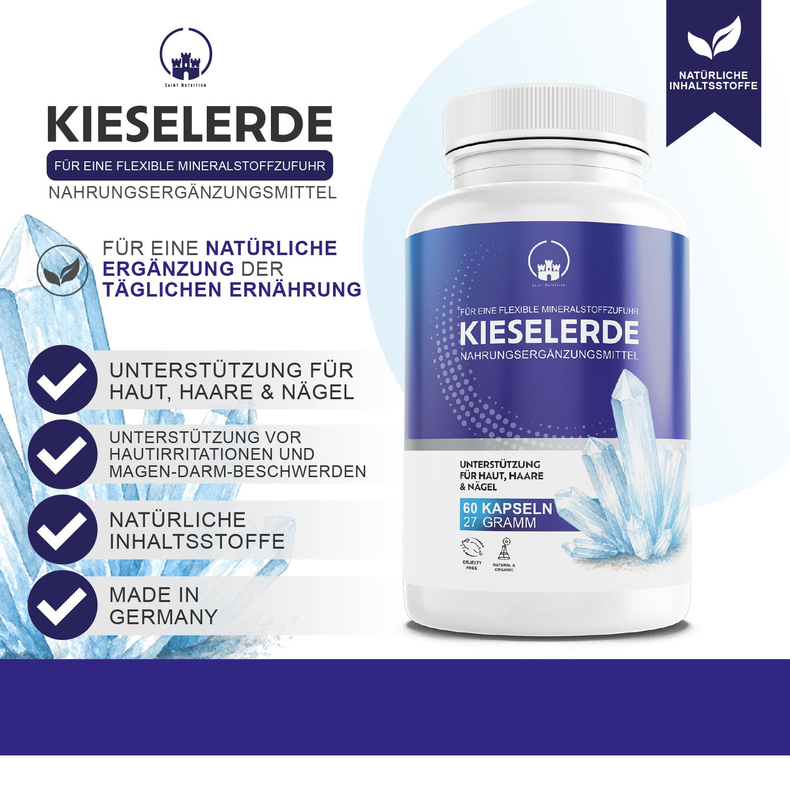 Weiße Flasche mit blauer Beschriftung. Kieselerde Kapseln. 60 Kapseln, 27 Gramm. Unterstützt Haut, Haare & Nägel. Made in Germany.